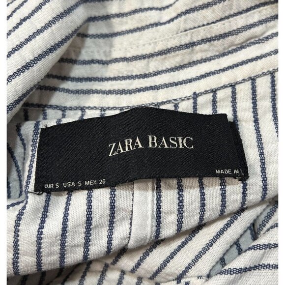 Zara Sz S Long Blue Ivory Striped Trench Seersucker Utility Duster Vest Jacket - Picture 10 of 12
